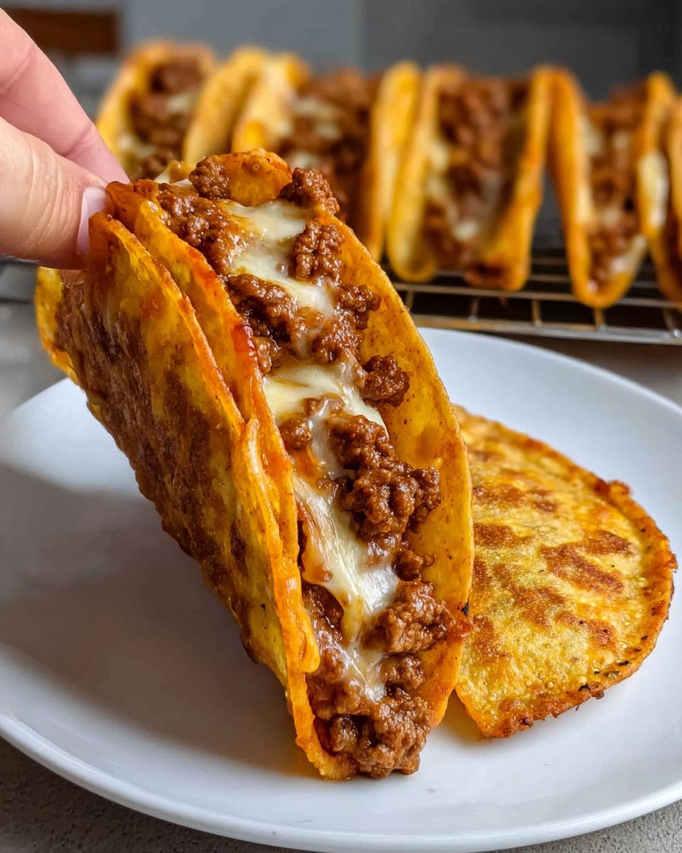 A hand holds up a crispy, loaded Oven-Baked Cheesy Taco overflowing with seasoned ground beef and melted white cheese.