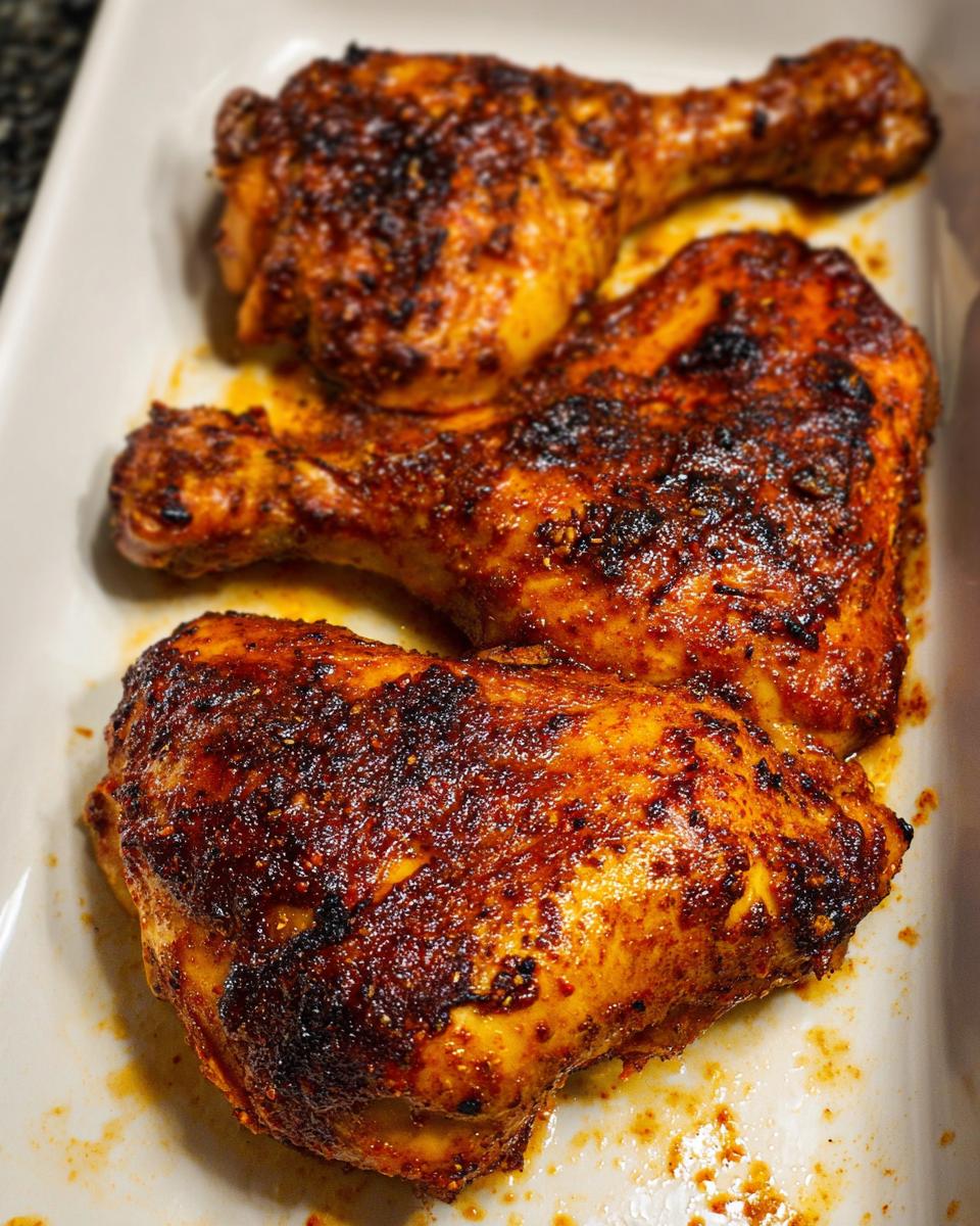 Three juicy Paprika Garlic Baked Chicken Quarters with crispy, dark red seasoned skin in a white baking dish.