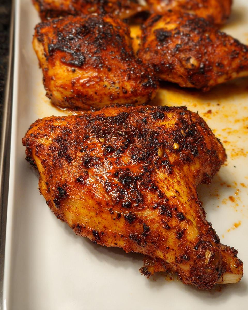Close-up of juicy Paprika Garlic Baked Chicken Quarters with a dark, seasoned crust on a white platter.
