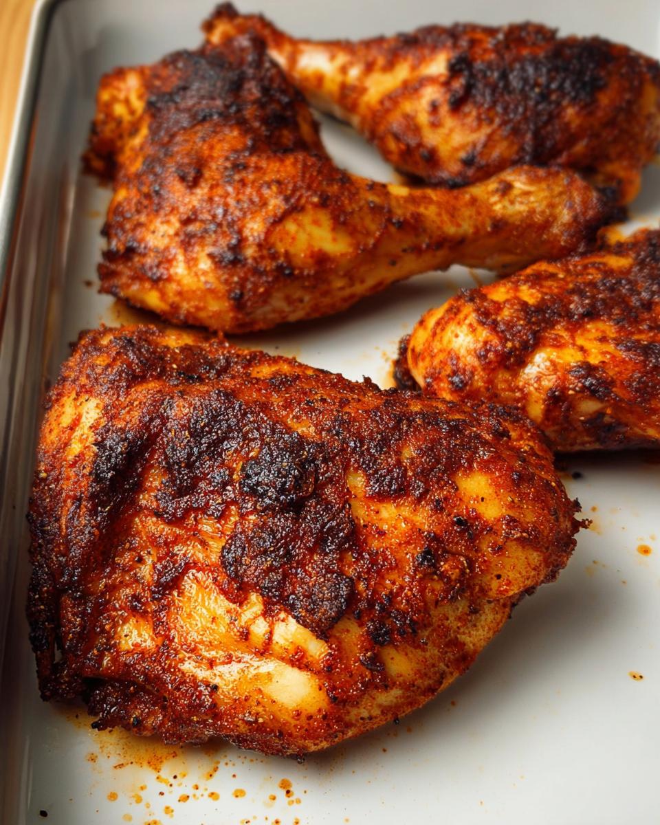 Close-up of four juicy Paprika Garlic Baked Chicken Quarters with crispy, dark red seasoned skin resting in a white baking dish.