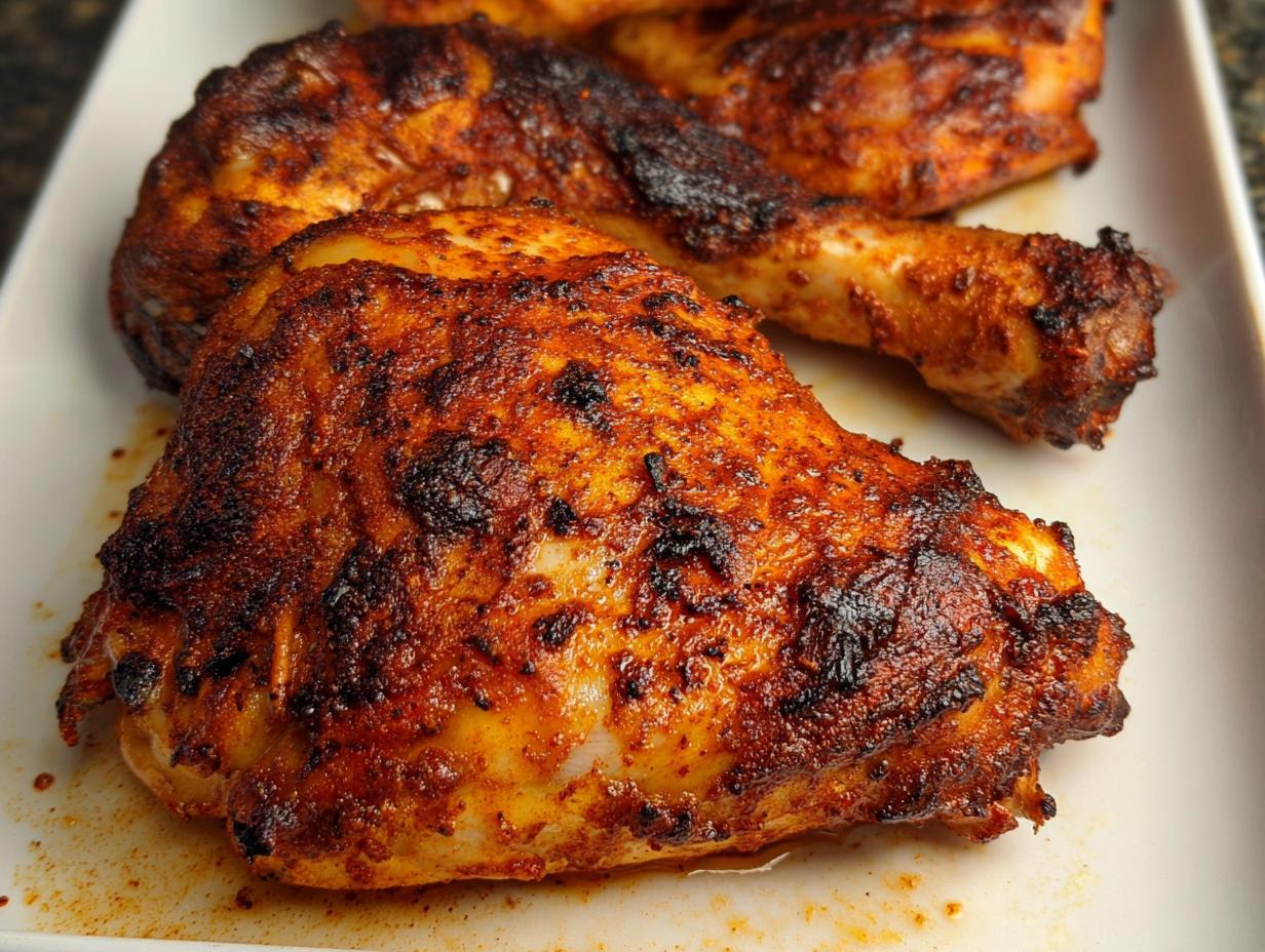 Close-up of perfectly cooked Paprika Garlic Baked Chicken Quarters with crispy, dark red seasoned skin.