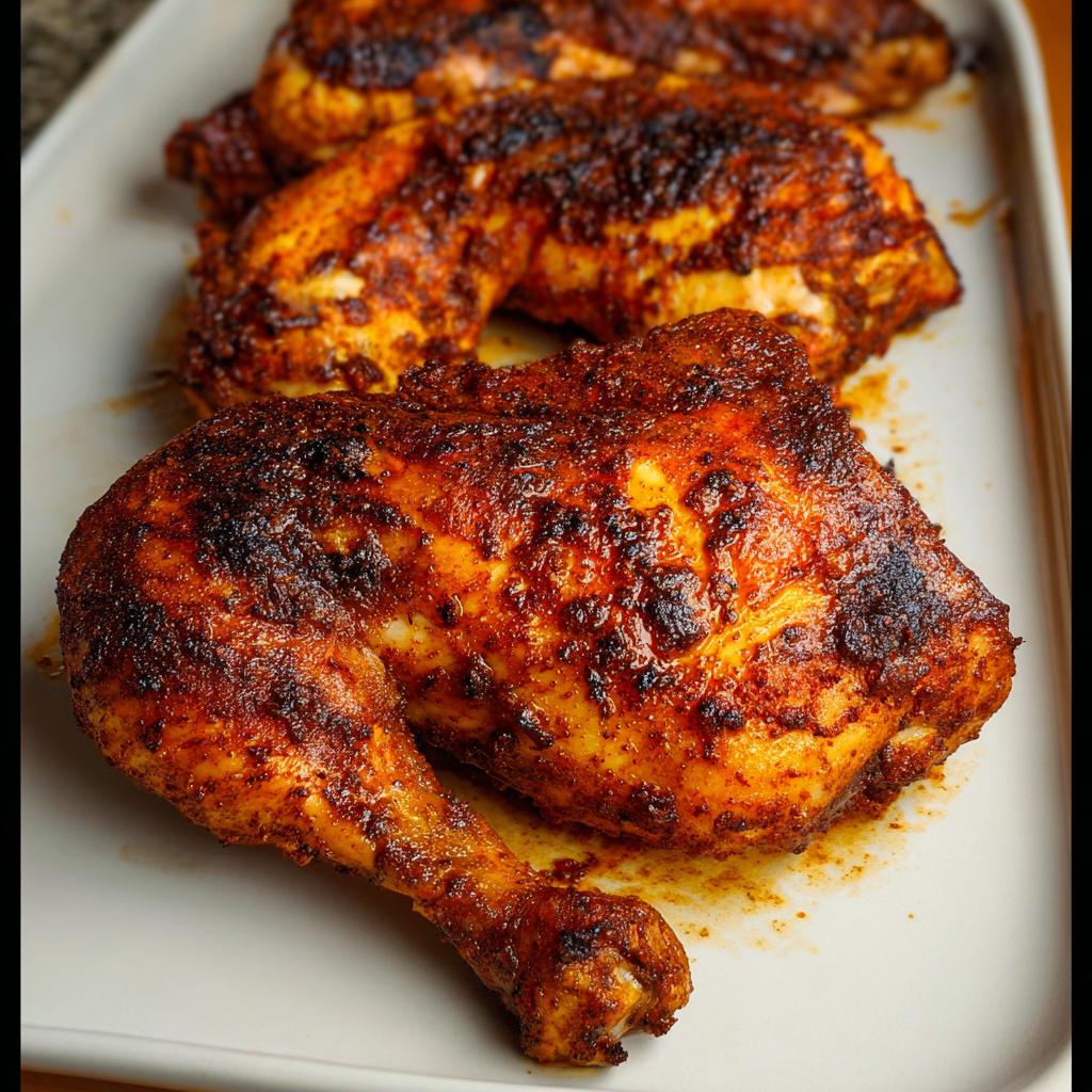Close-up of perfectly baked Paprika Garlic Baked Chicken Quarters with crispy, dark seasoning on a white platter.