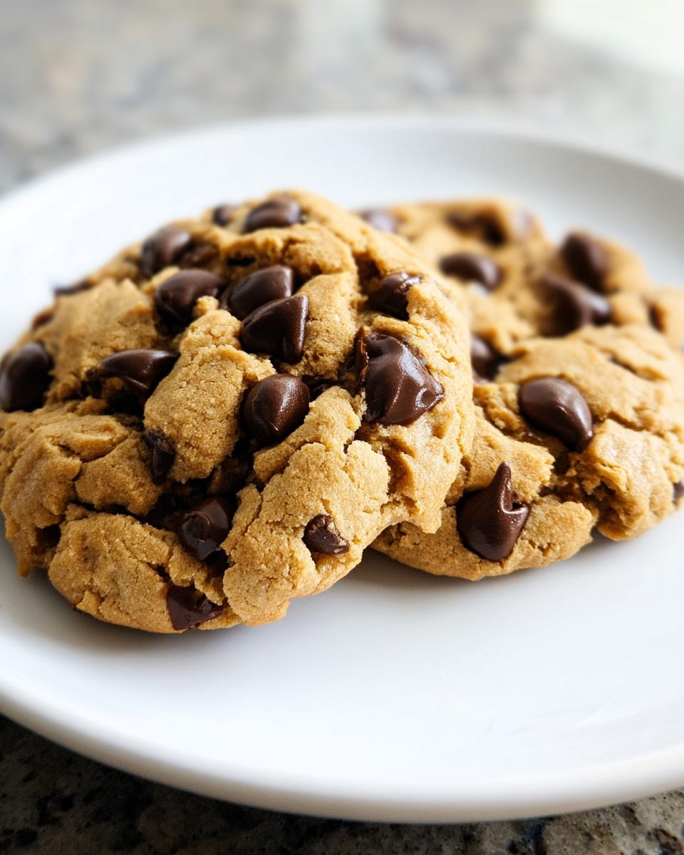Two soft, thick Peanut Butter Chocolate Chip Cookies loaded with melted chocolate chips, resting on a white plate.