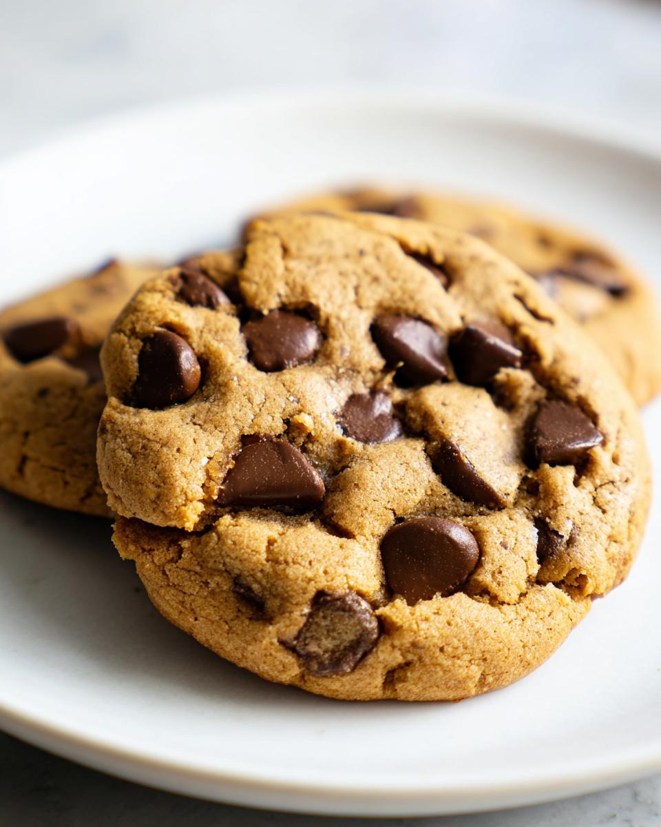 Close-up of two soft, chewy Peanut Butter Chocolate Chip Cookies loaded with dark chocolate chips on a white plate.