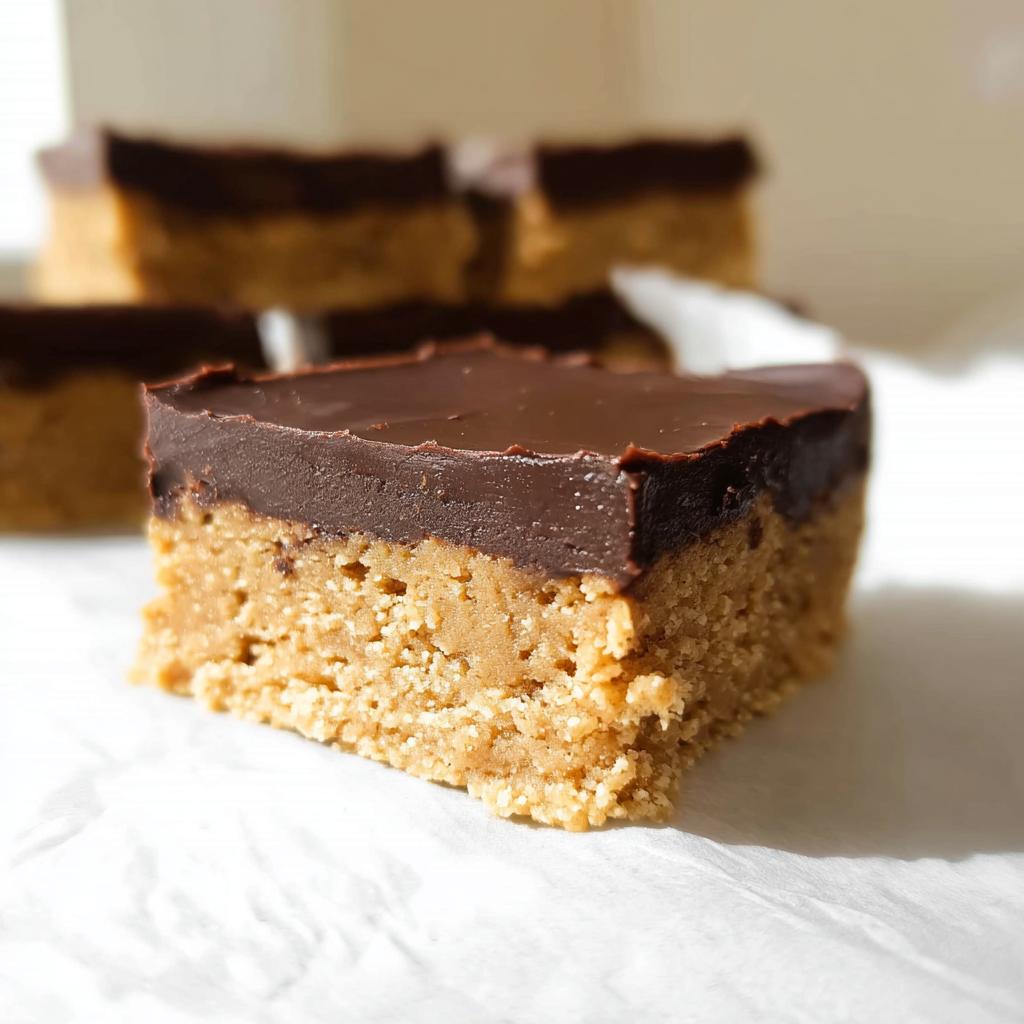 A close-up of one square of Peanut Butter Chocolate Fudge Squares showing the thick peanut butter base and smooth chocolate topping.
