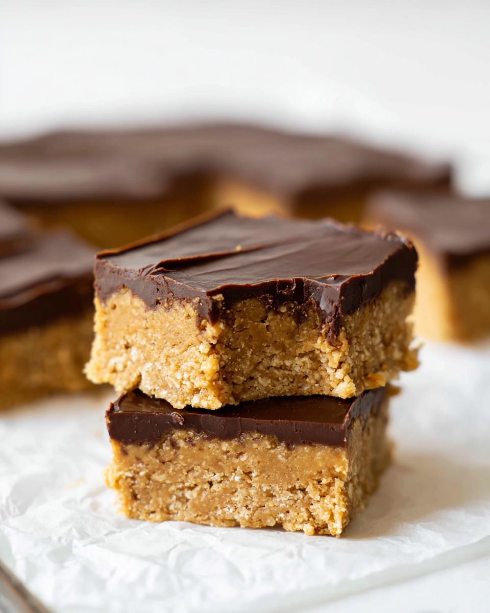 Two stacked Peanut Butter Chocolate Fudge Squares with a thick peanut butter base and a smooth chocolate topping.