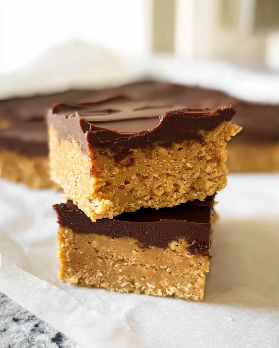 Two stacked squares of Peanut Butter Chocolate Fudge Squares showing a thick peanut butter base and a rich chocolate topping.