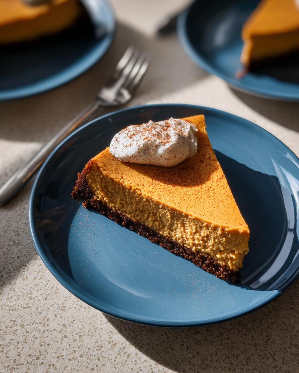 A perfect slice of Pumpkin Spice Cheesecake with Gingersnap Crust topped with whipped cream.