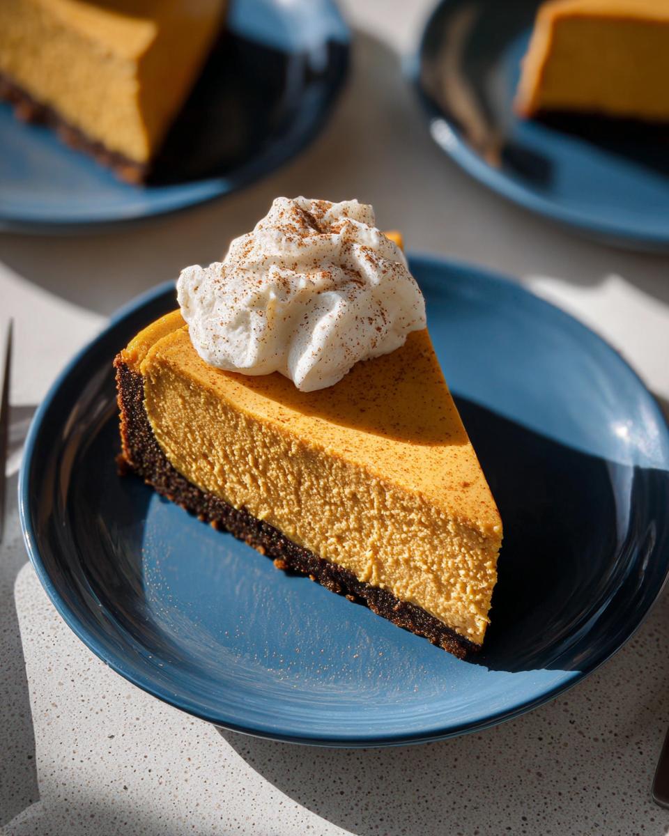 A perfect slice of Pumpkin Spice Cheesecake with a thick gingersnap crust and topped with whipped cream.
