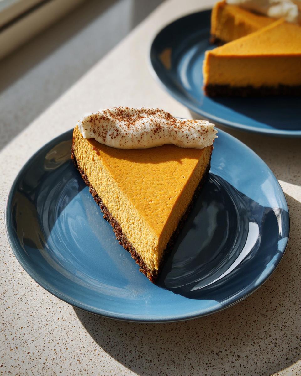 A slice of vibrant orange Pumpkin Spice Cheesecake with Gingersnap Crust topped with whipped cream and cinnamon.