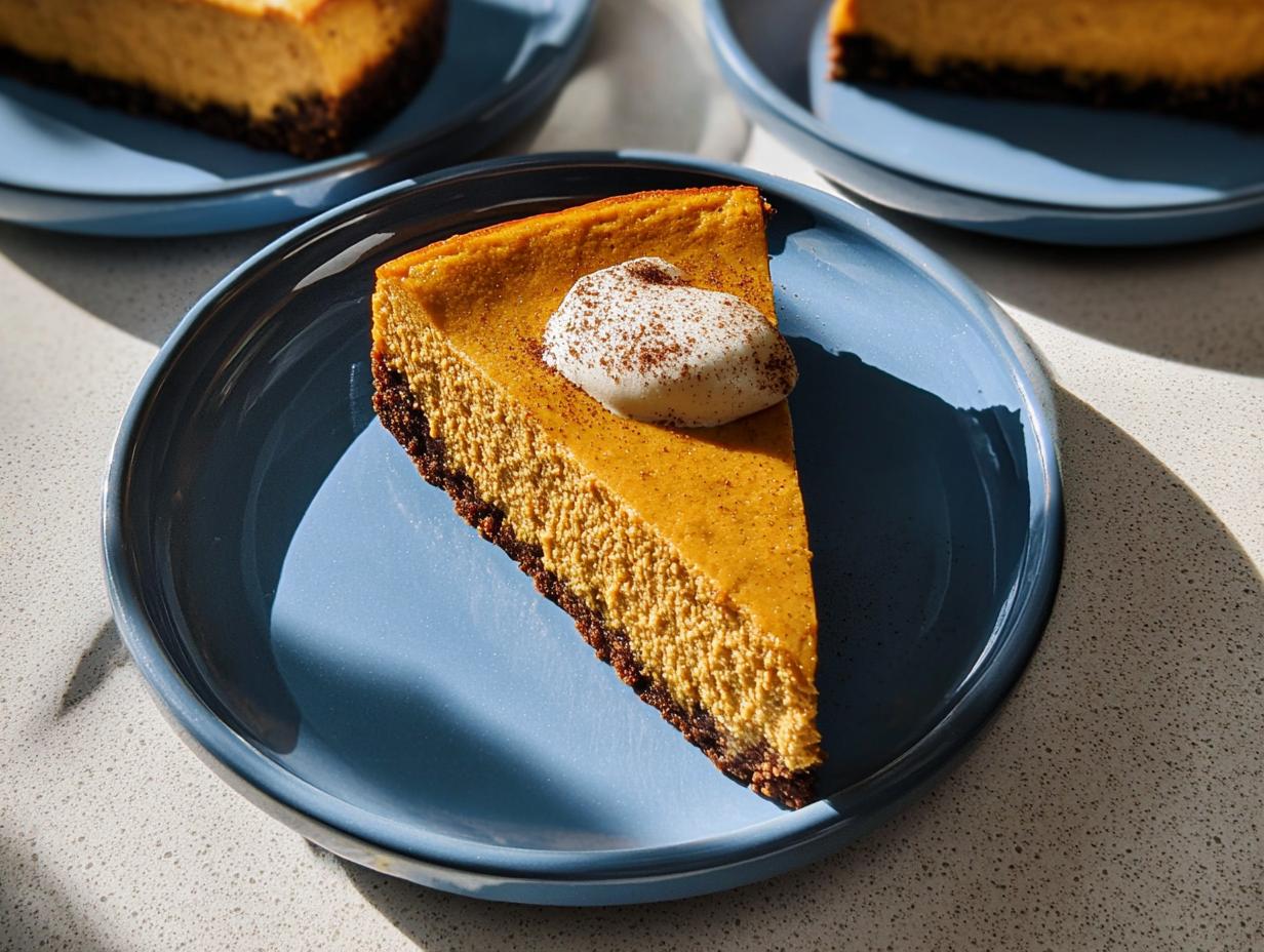 A perfect slice of Pumpkin Spice Cheesecake with a dark gingersnap crust, topped with whipped cream.