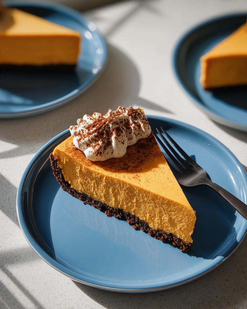 A perfect slice of Pumpkin Spice Cheesecake with a dark gingersnap crust, topped with whipped cream and cinnamon.