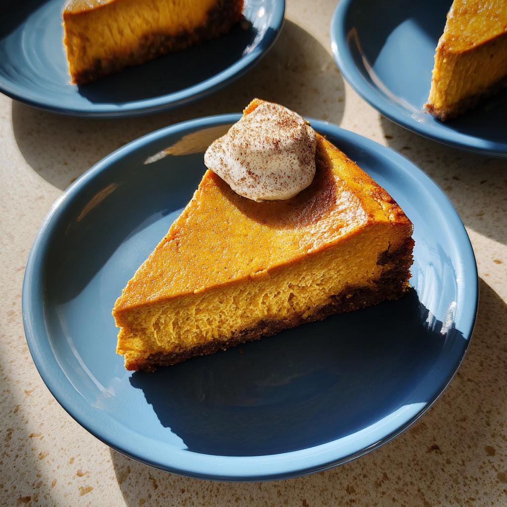 A slice of rich, orange Pumpkin Spice Cheesecake with a gingersnap crust, topped with whipped cream and cinnamon.