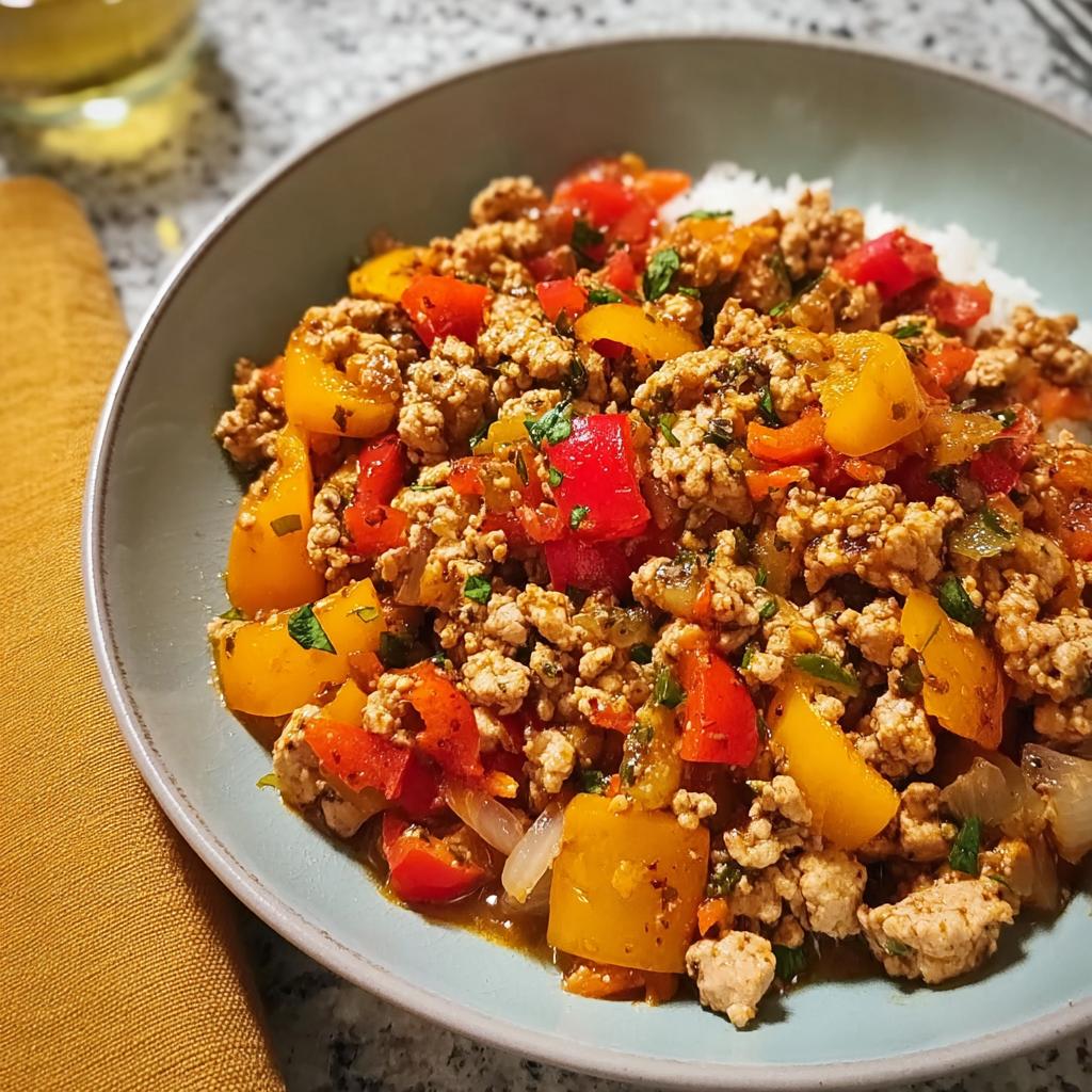 A close-up of a bowl featuring a savory Ground Turkey Recipe mixed with colorful red and yellow bell peppers served over white rice.