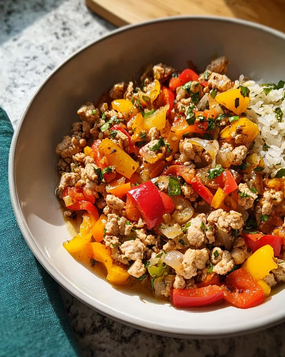 A bowl of quick ground turkey recipe mixed with colorful bell peppers and served alongside white rice.