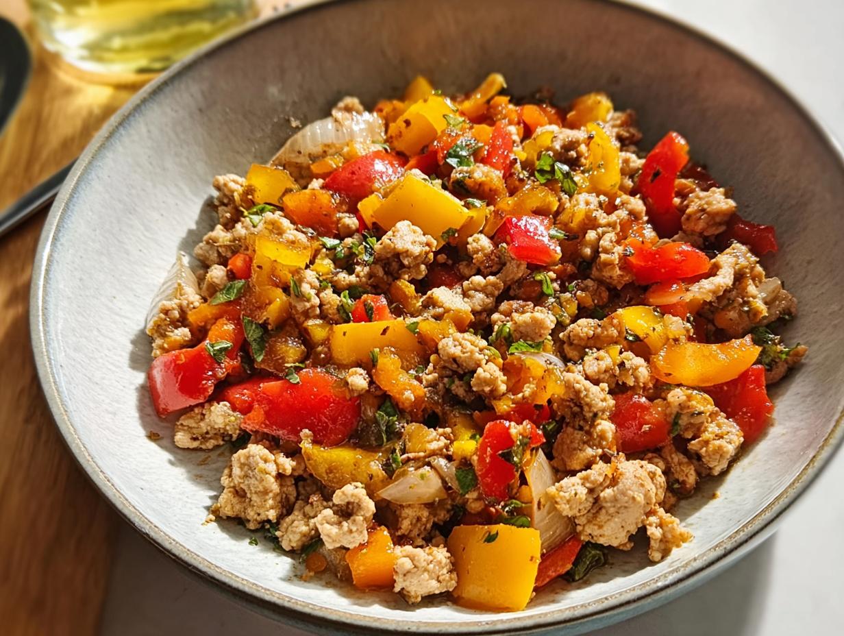 A bowl of seasoned ground turkey mixed with colorful sautéed red and yellow bell peppers and onions.