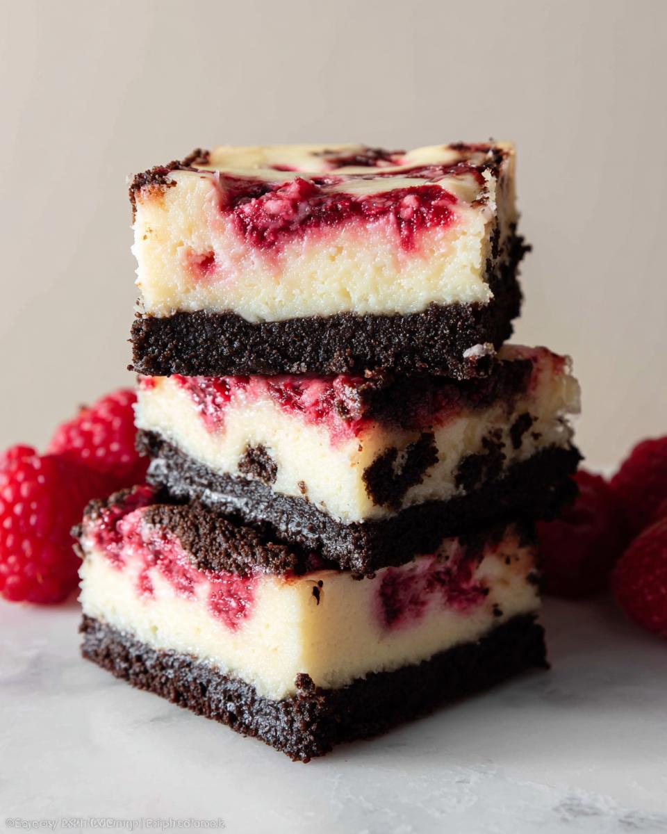 Three stacked squares of Raspberry White Chocolate Cheesecake bars with a dark chocolate crust.