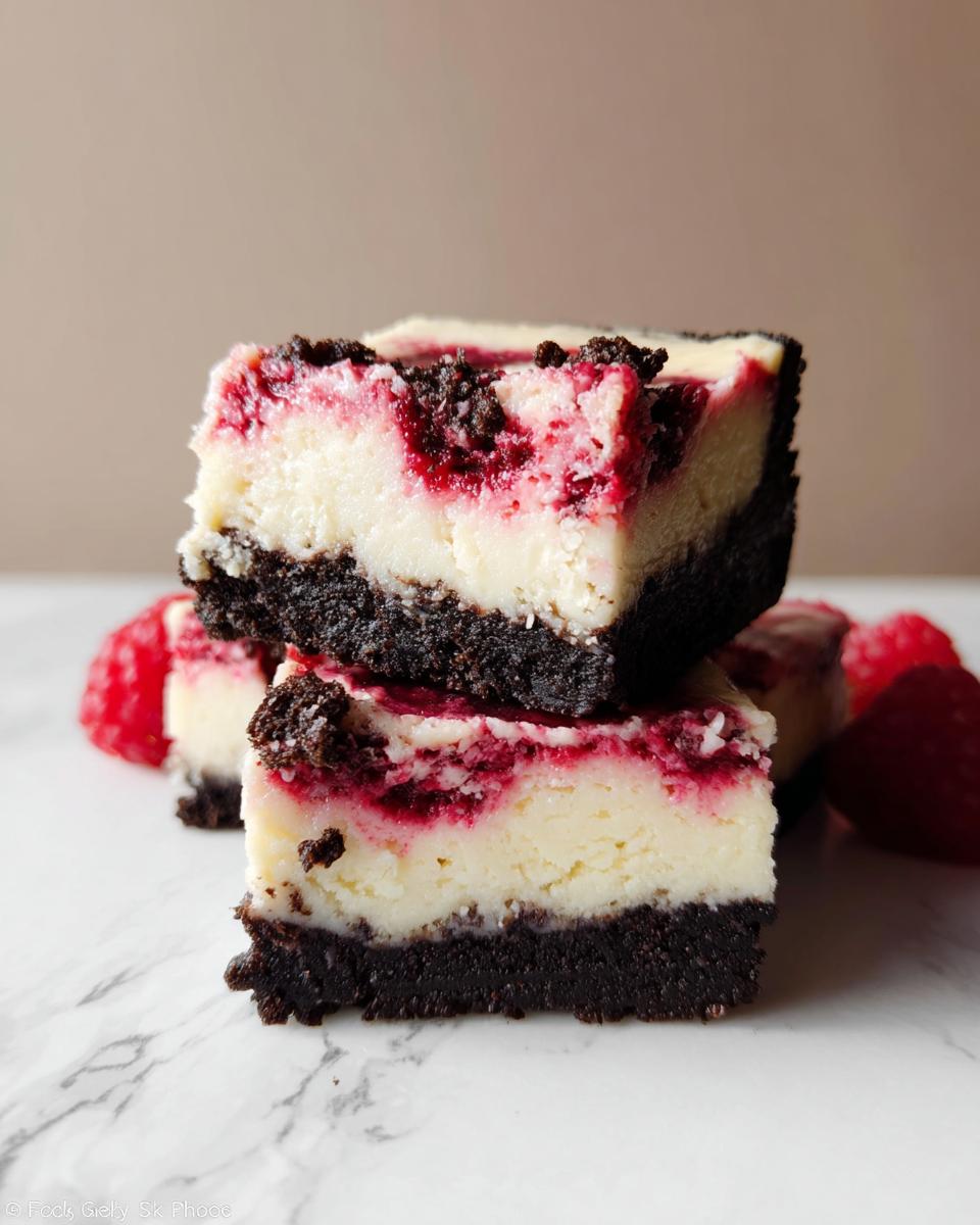 Two stacked squares of Raspberry White Chocolate Cheesecake with a dark chocolate crust and raspberry swirl.