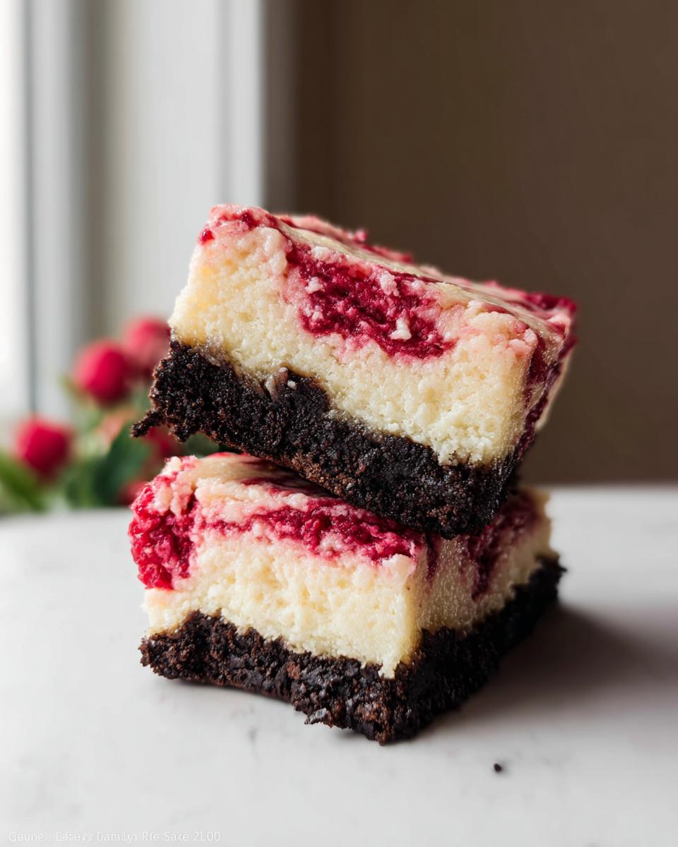 Two stacked bars of Raspberry White Chocolate Cheesecake on a white surface, showing a dark crust and swirled topping.
