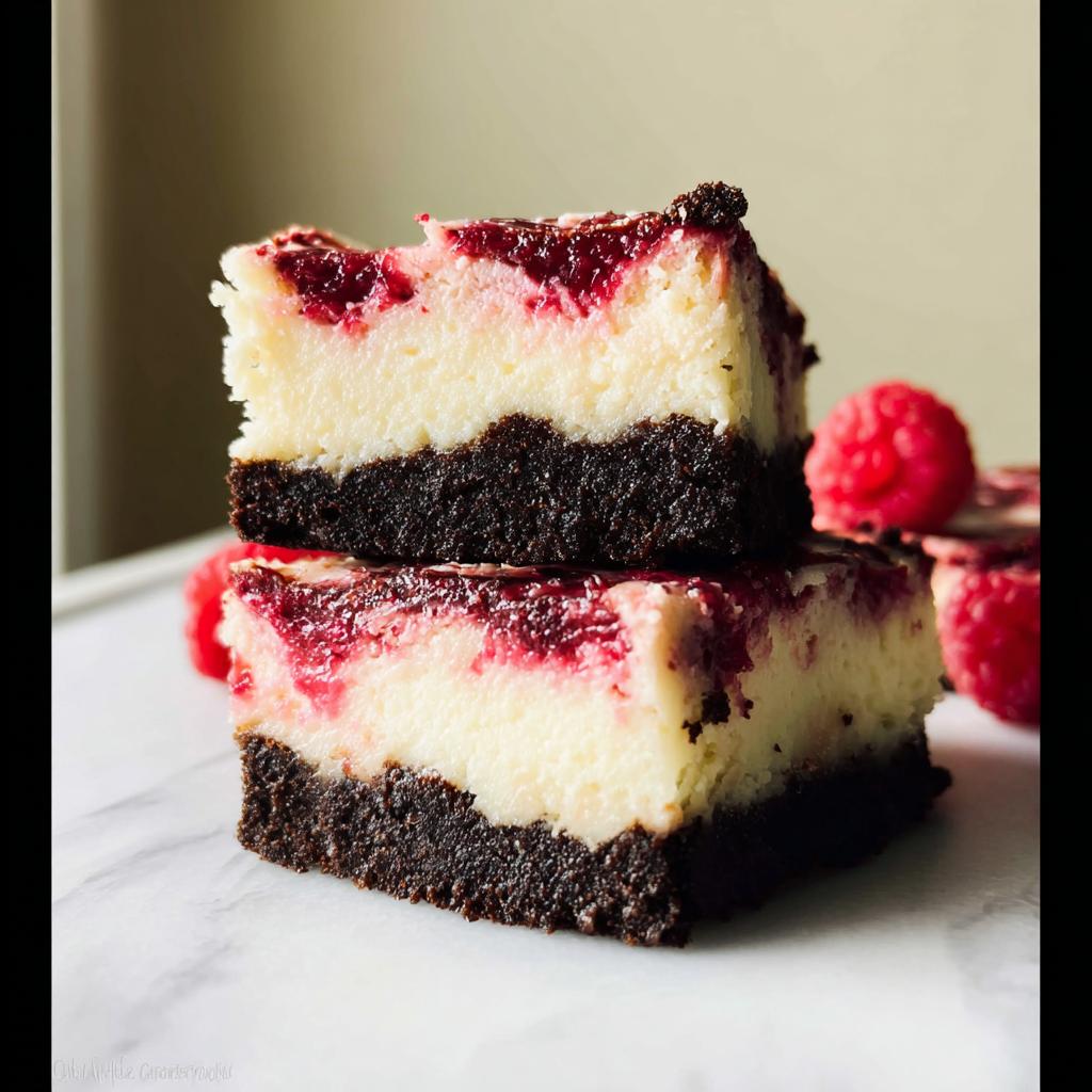 Two stacked bars of Raspberry White Chocolate Cheesecake with a dark chocolate crust and raspberry swirl.
