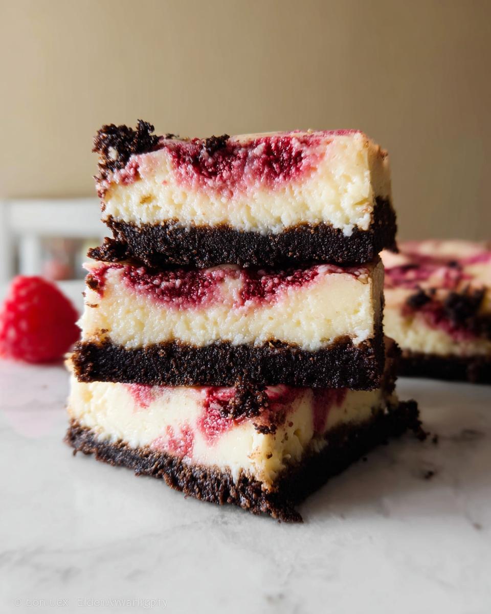 Three stacked squares of Raspberry White Chocolate Cheesecake with a dark chocolate crust.