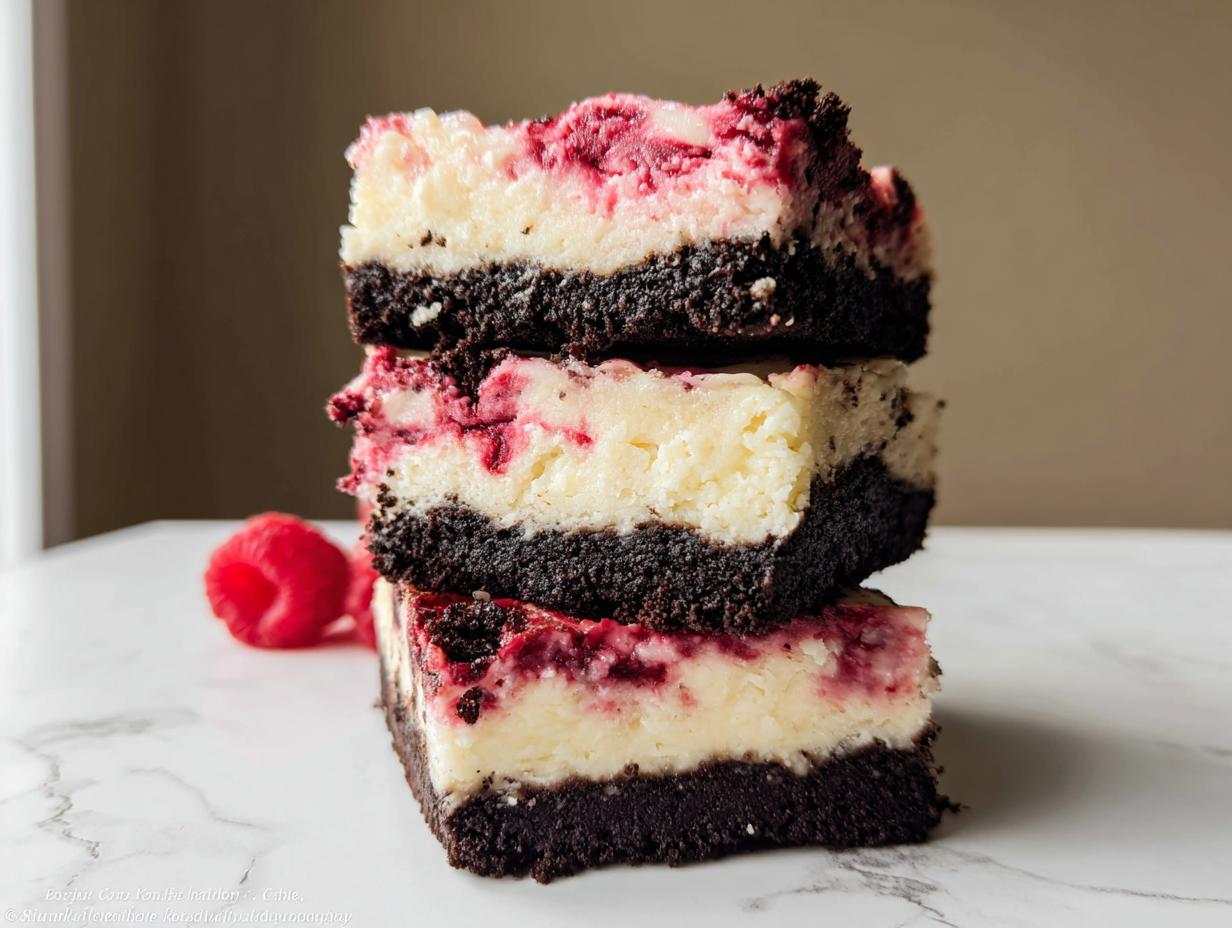 Three stacked squares of Raspberry White Chocolate Cheesecake bars with a dark chocolate crust.