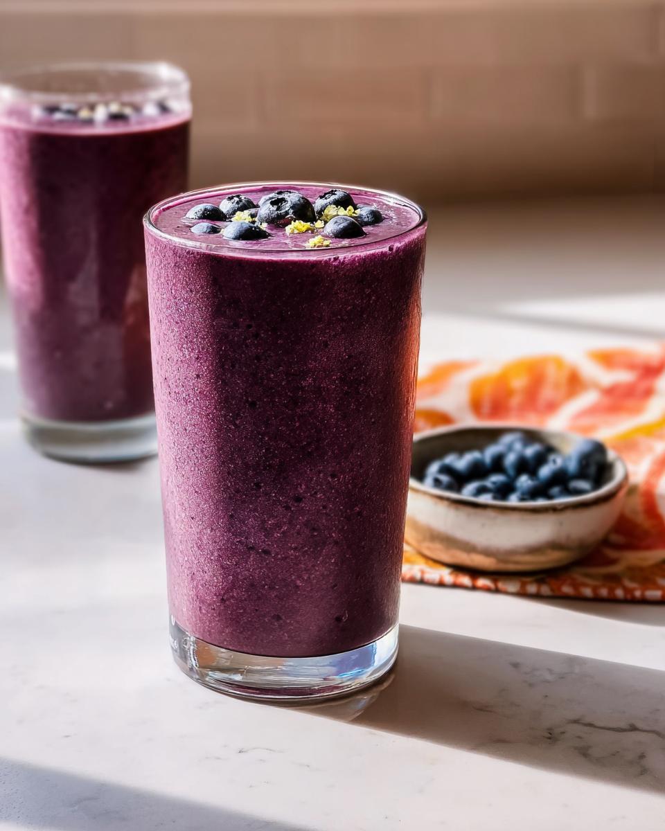 A tall glass filled with a vibrant purple Refreshing Anti-Inflammatory Lemon-Blueberry Smoothie, topped with fresh blueberries and zest.