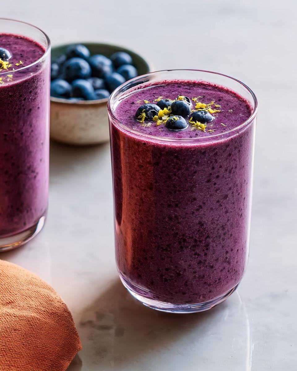 Close-up of a glass filled with a thick, purple Refreshing Anti-Inflammatory Lemon-Blueberry Smoothie, topped with fresh blueberries and lemon zest.