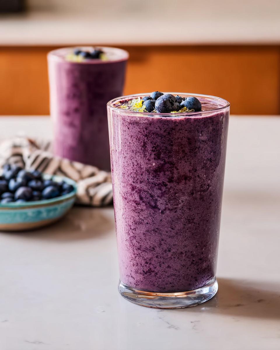 Close-up of a thick, purple Refreshing Anti-Inflammatory Lemon-Blueberry Smoothie topped with fresh blueberries and lemon zest.