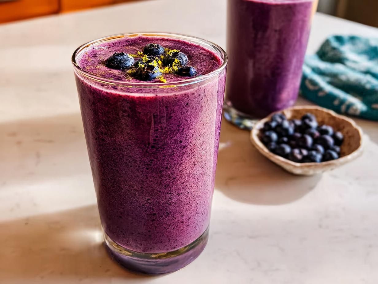 Close-up of a tall glass filled with a vibrant purple Refreshing Anti-Inflammatory Lemon-Blueberry Smoothie, topped with fresh blueberries and lemon zest.