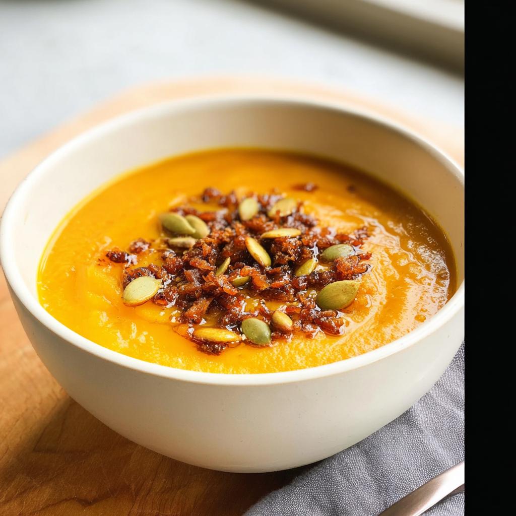 A creamy bowl of bright orange Roasted Butternut Squash Apple Soup topped with pepitas and crispy bits.