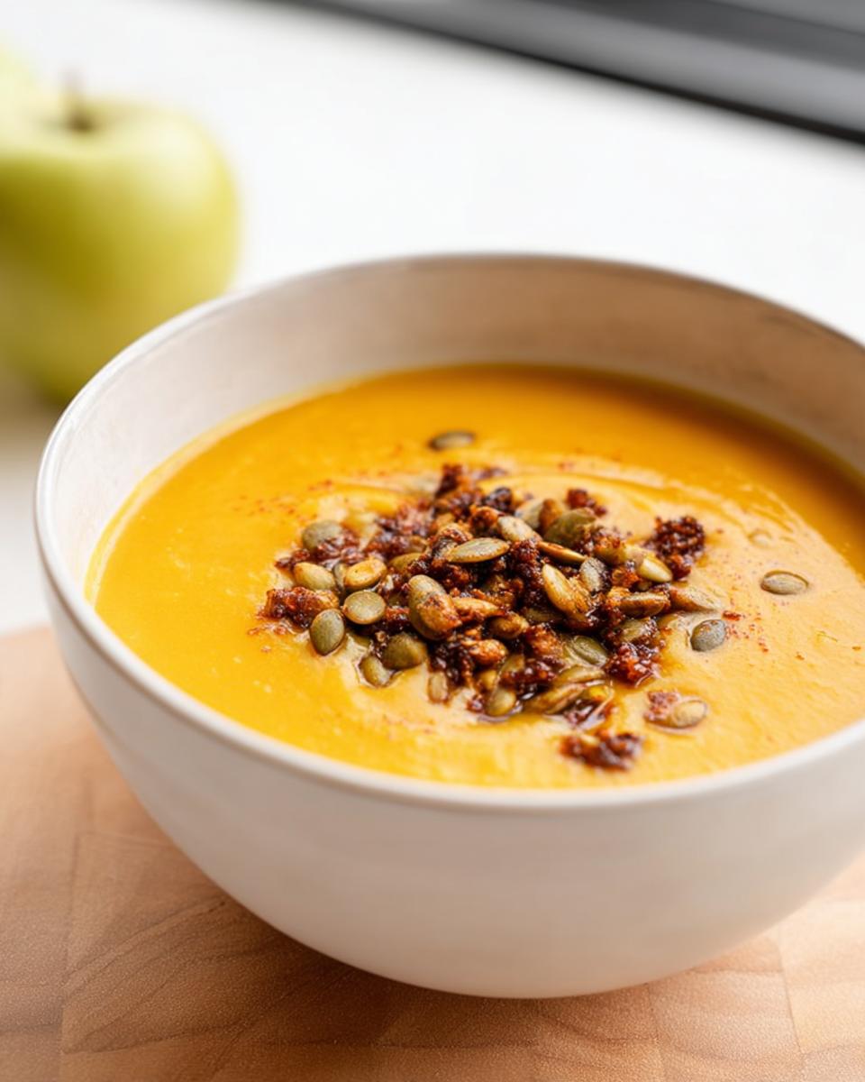 A creamy bowl of bright orange Roasted Butternut Squash Apple Soup topped with toasted pumpkin seeds and spices.