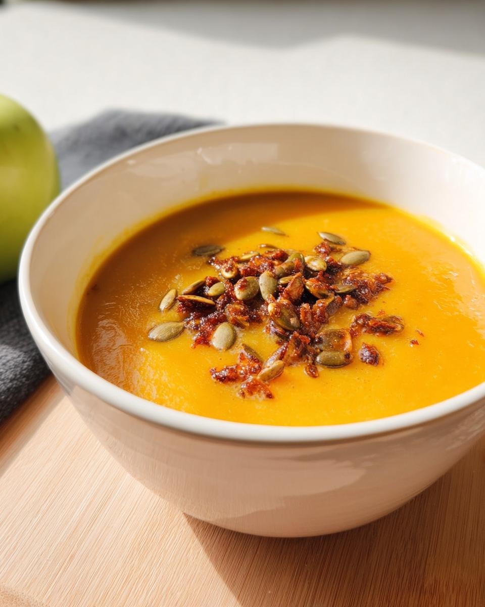 A vibrant orange bowl of Roasted Butternut Squash Apple Soup topped with toasted pumpkin seeds.