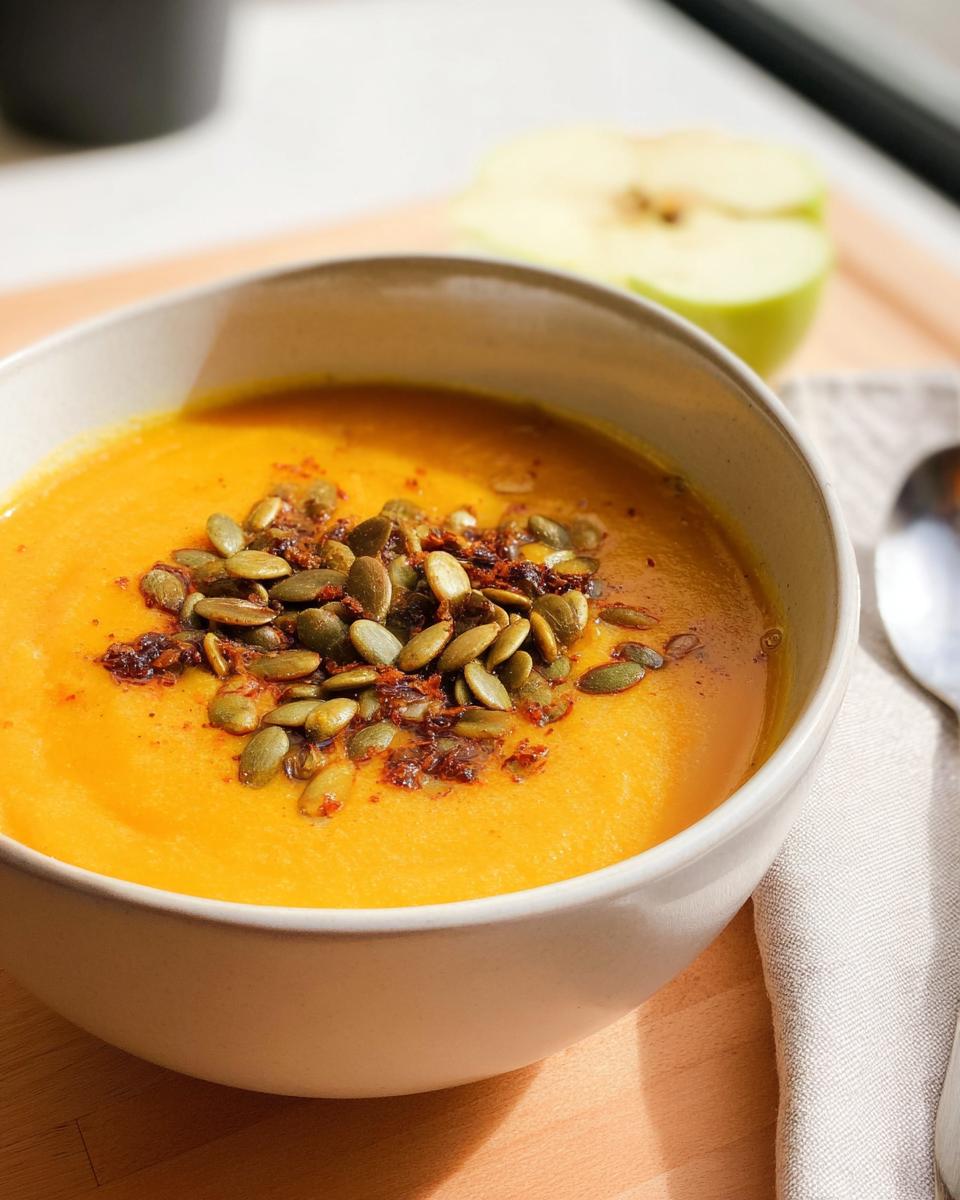A creamy bowl of bright orange Roasted Butternut Squash Apple Soup topped with pumpkin seeds.