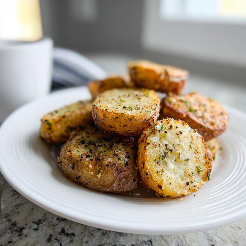 Close-up of roasted potatoes seasoned with garlic and herbs, perfect for one of the 100 Side Dish Recipes!