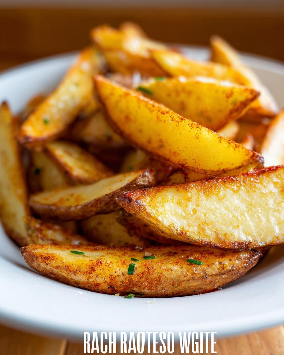 Close-up of golden brown Roasted Ranch Seasoned Potato Wedges piled high in a white bowl, sprinkled with herbs.