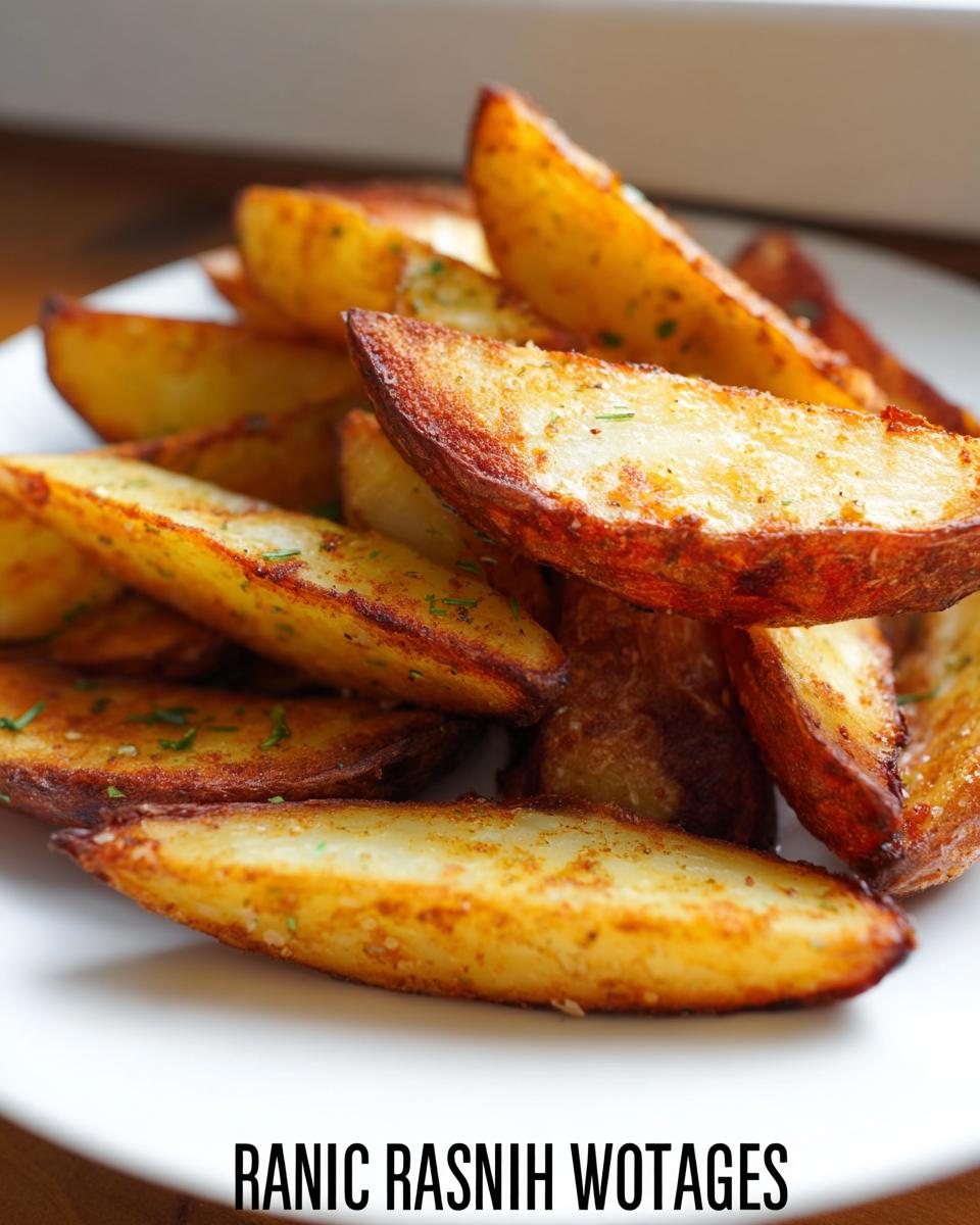 Close-up of golden brown Roasted Ranch Seasoned Potato Wedges piled on a white plate.