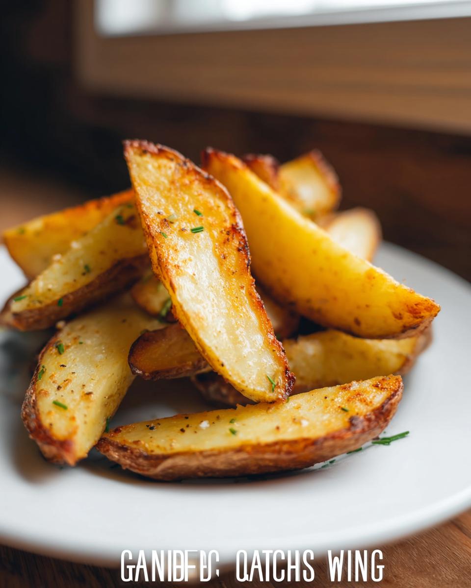 A close-up of golden brown Roasted Ranch Seasoned Potato Wedges sprinkled with herbs on a white plate.