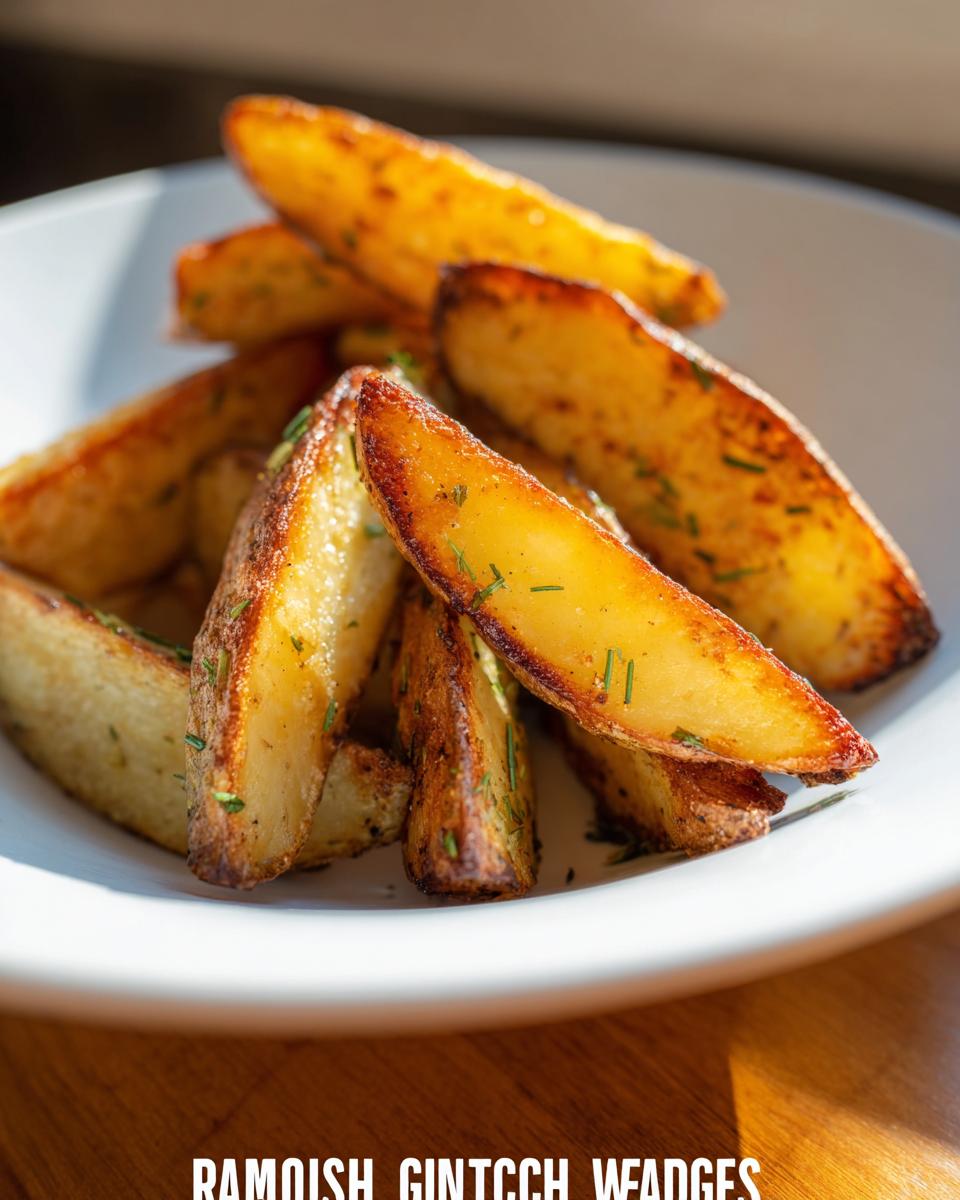 Close-up of golden brown, crispy Roasted Ranch Seasoned Potato Wedges sprinkled with herbs on a white plate.