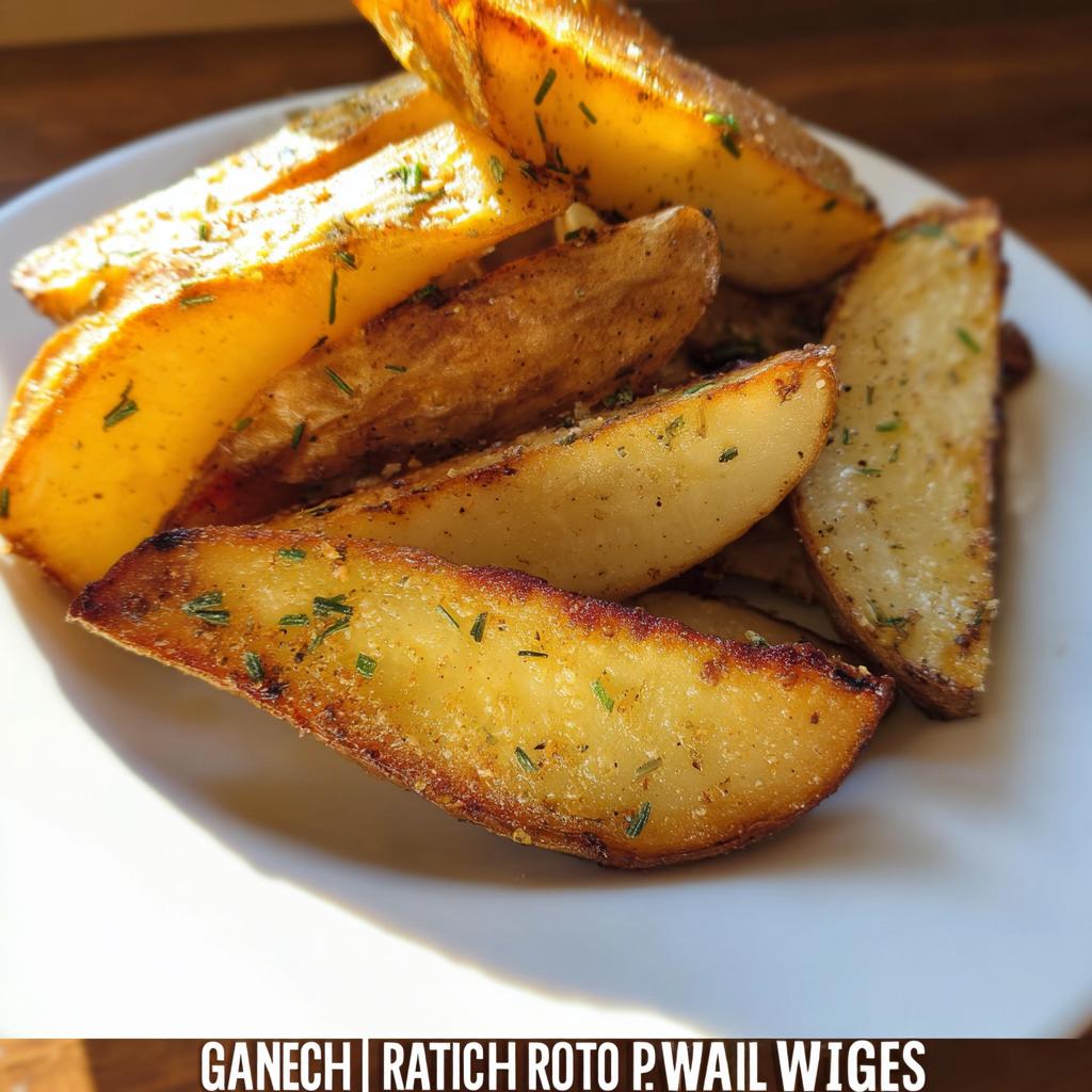 Close-up of perfectly golden Roasted Ranch Seasoned Potato Wedges seasoned with herbs on a white plate.