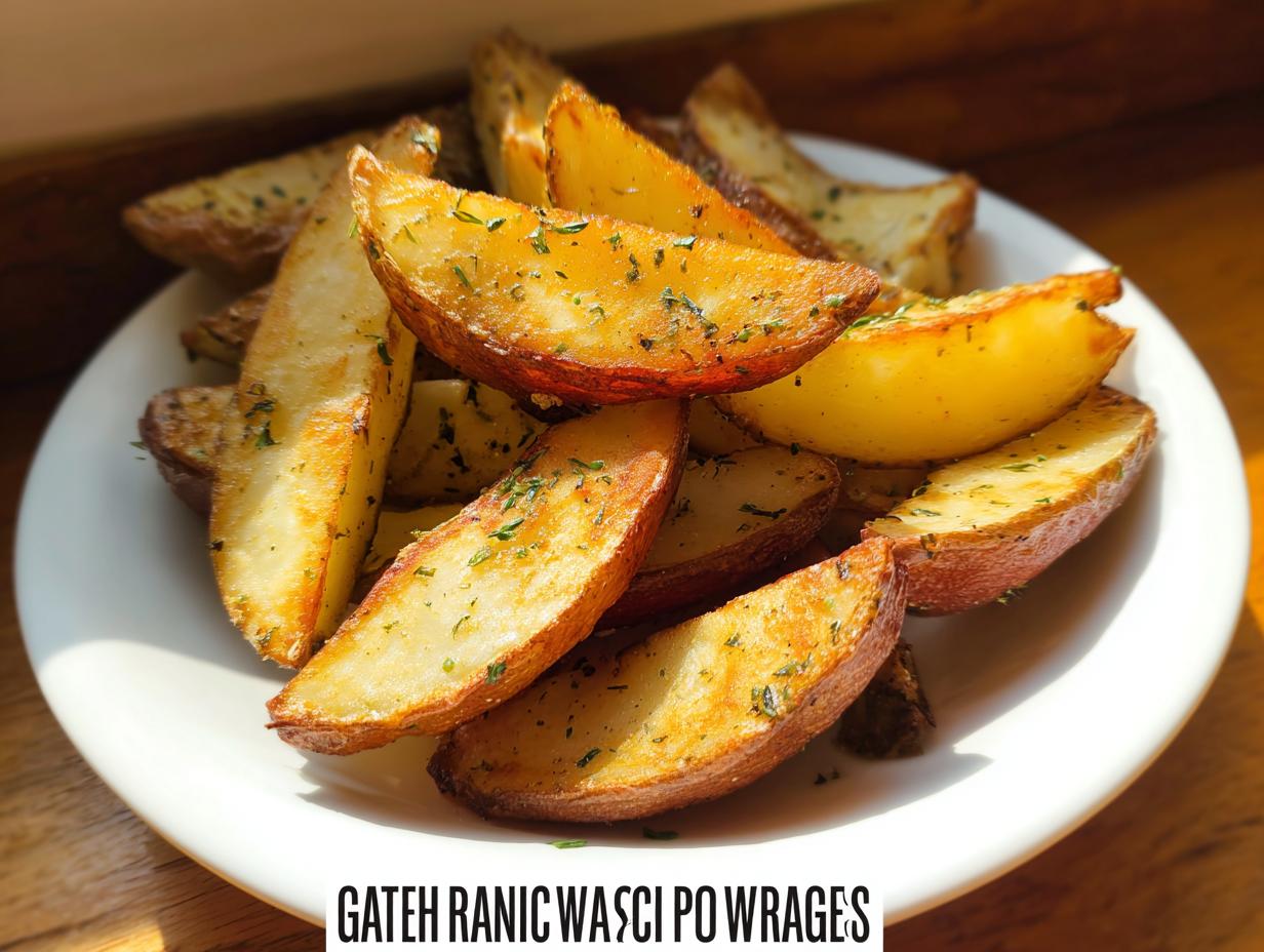 A close-up of golden brown Roasted Ranch Seasoned Potato Wedges sprinkled with herbs on a white plate.