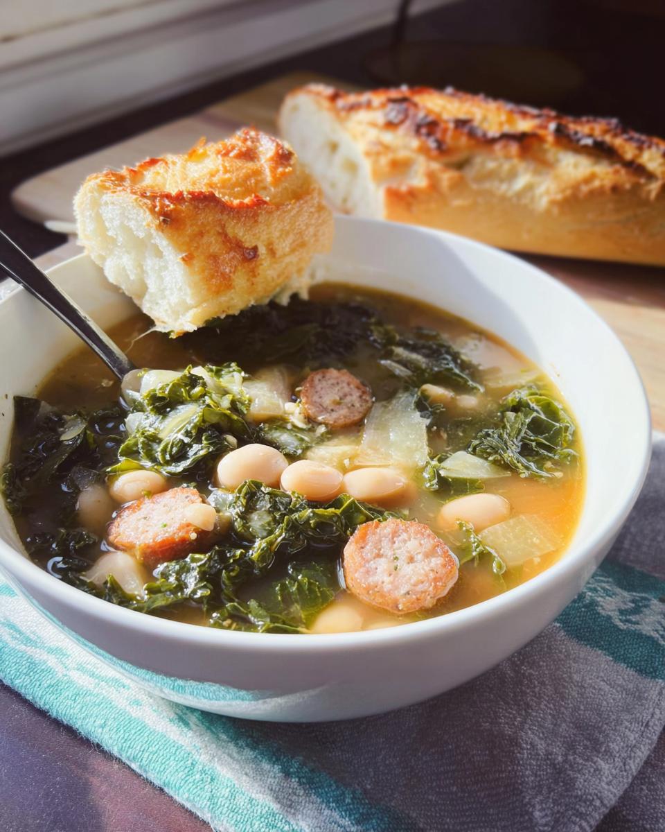 A hearty bowl of Rustic Tuscan White Bean and Kale Soup with sausage slices, served with a piece of toasted bread.