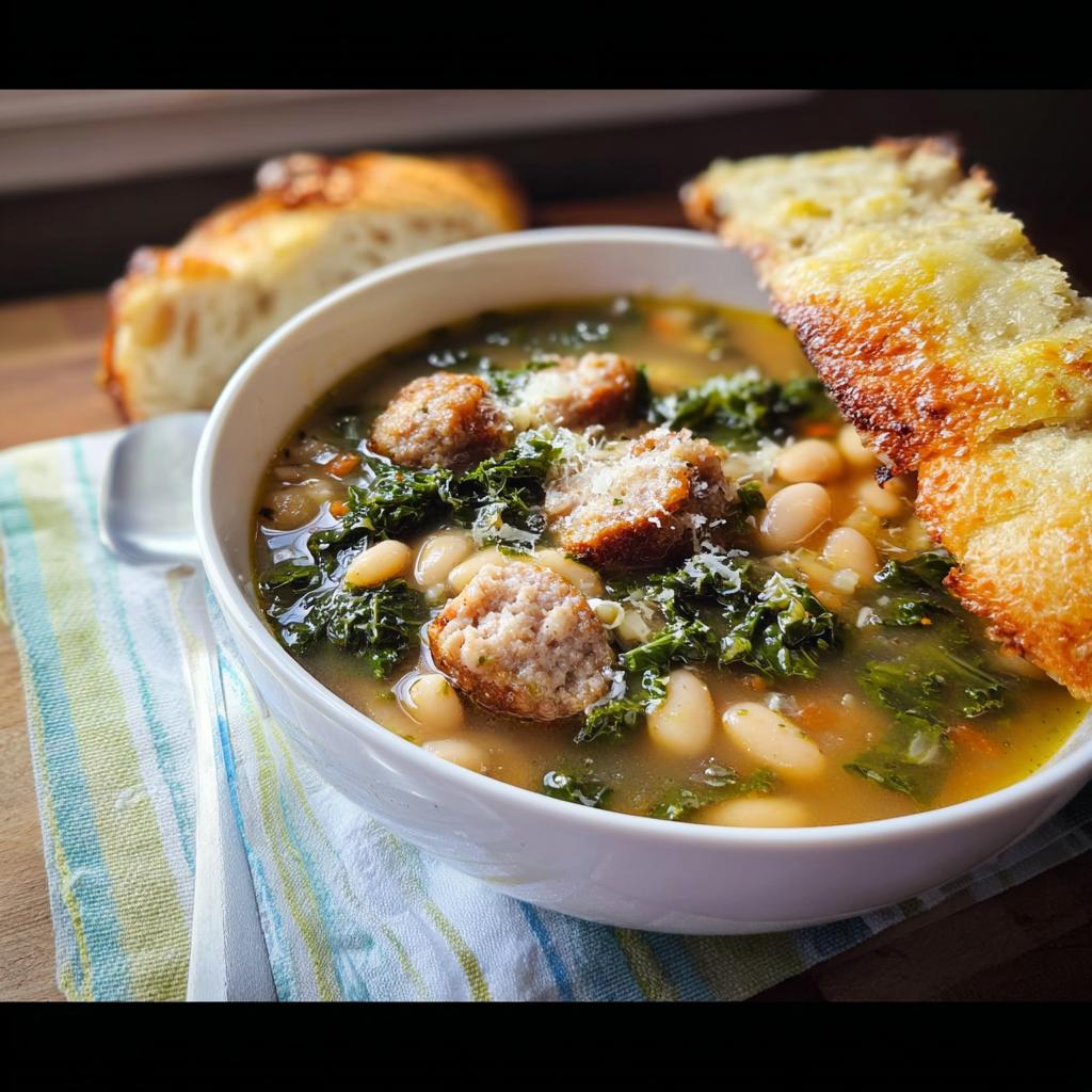 A hearty bowl of Rustic Tuscan White Bean and Kale Soup topped with small meatballs and grated cheese, served with toasted bread.