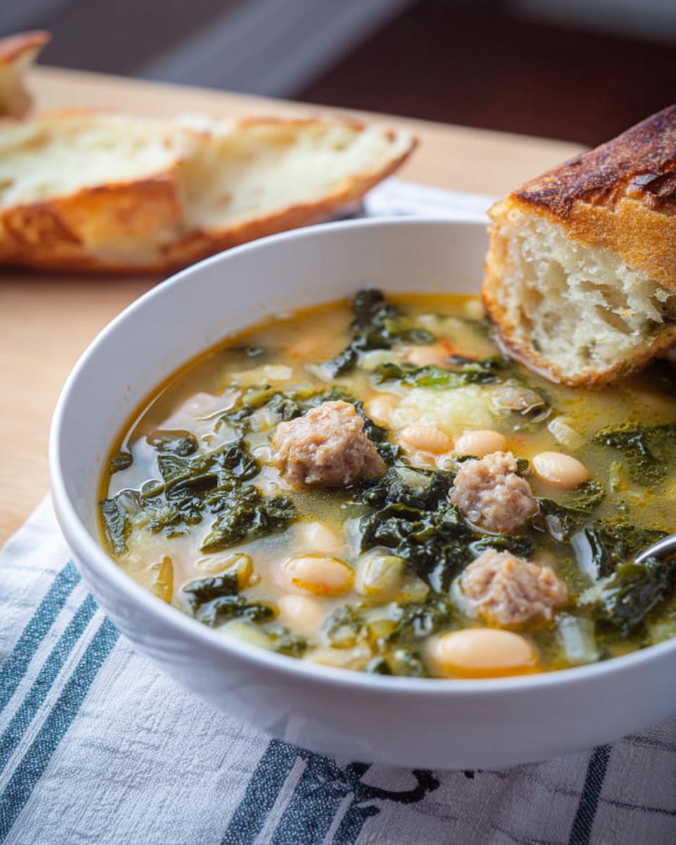 Close-up of Rustic Tuscan White Bean and Kale Soup with sausage meatballs and crusty bread for dipping.