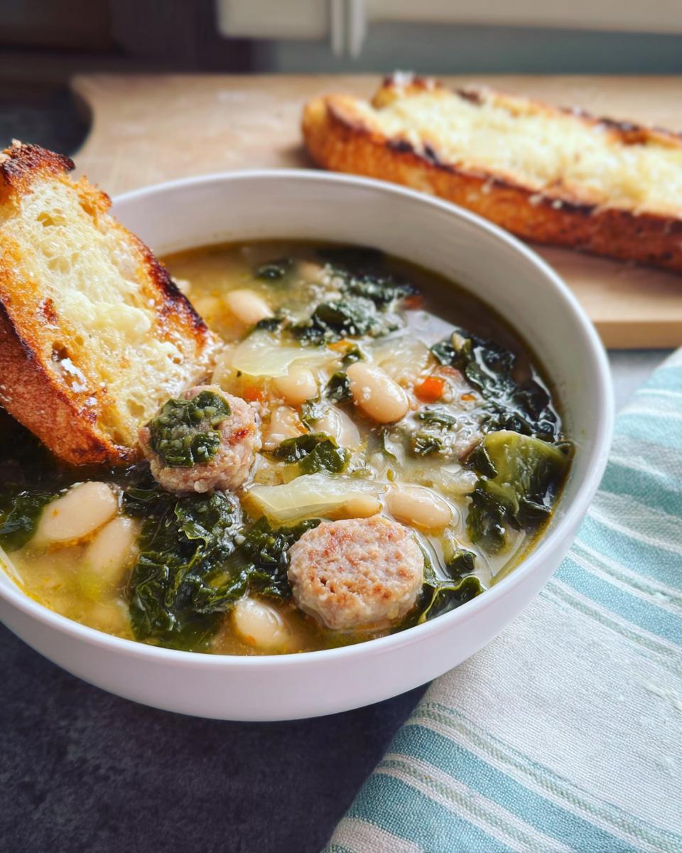 A bowl of Rustic Tuscan White Bean and Kale Soup with sausage meatballs and a piece of cheesy toast.