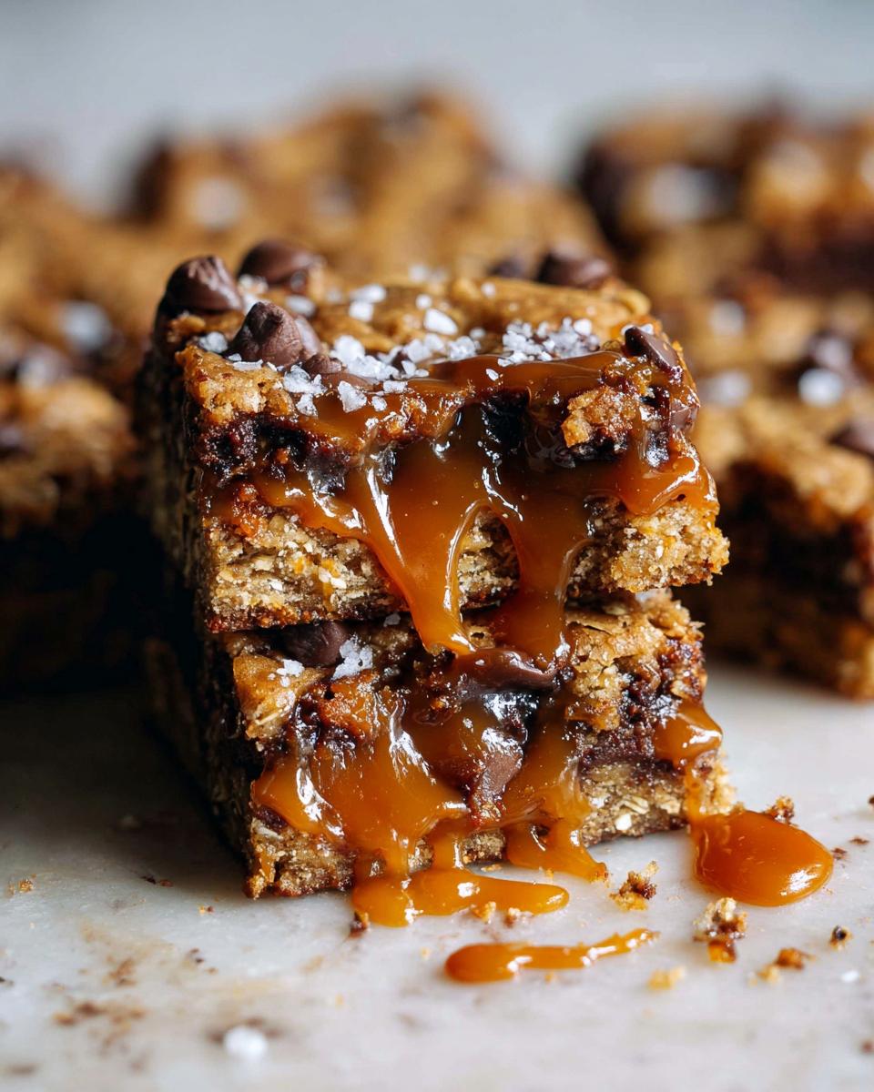 Two stacked Salted Caramel Chocolate Chip Cookie Bars dripping with gooey caramel and topped with sea salt.