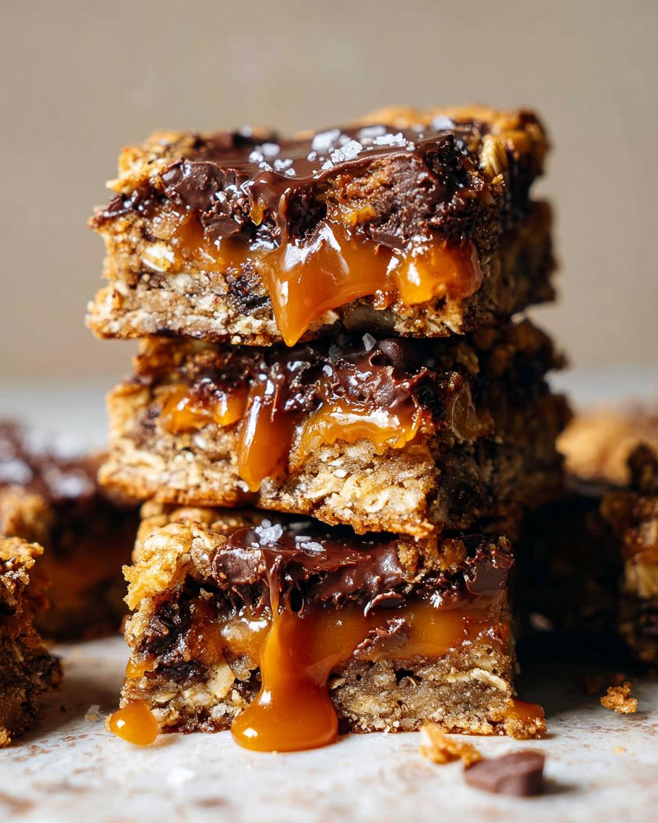 A stack of three gooey Salted Caramel Chocolate Chip Cookie Bars topped with melted chocolate and sea salt.