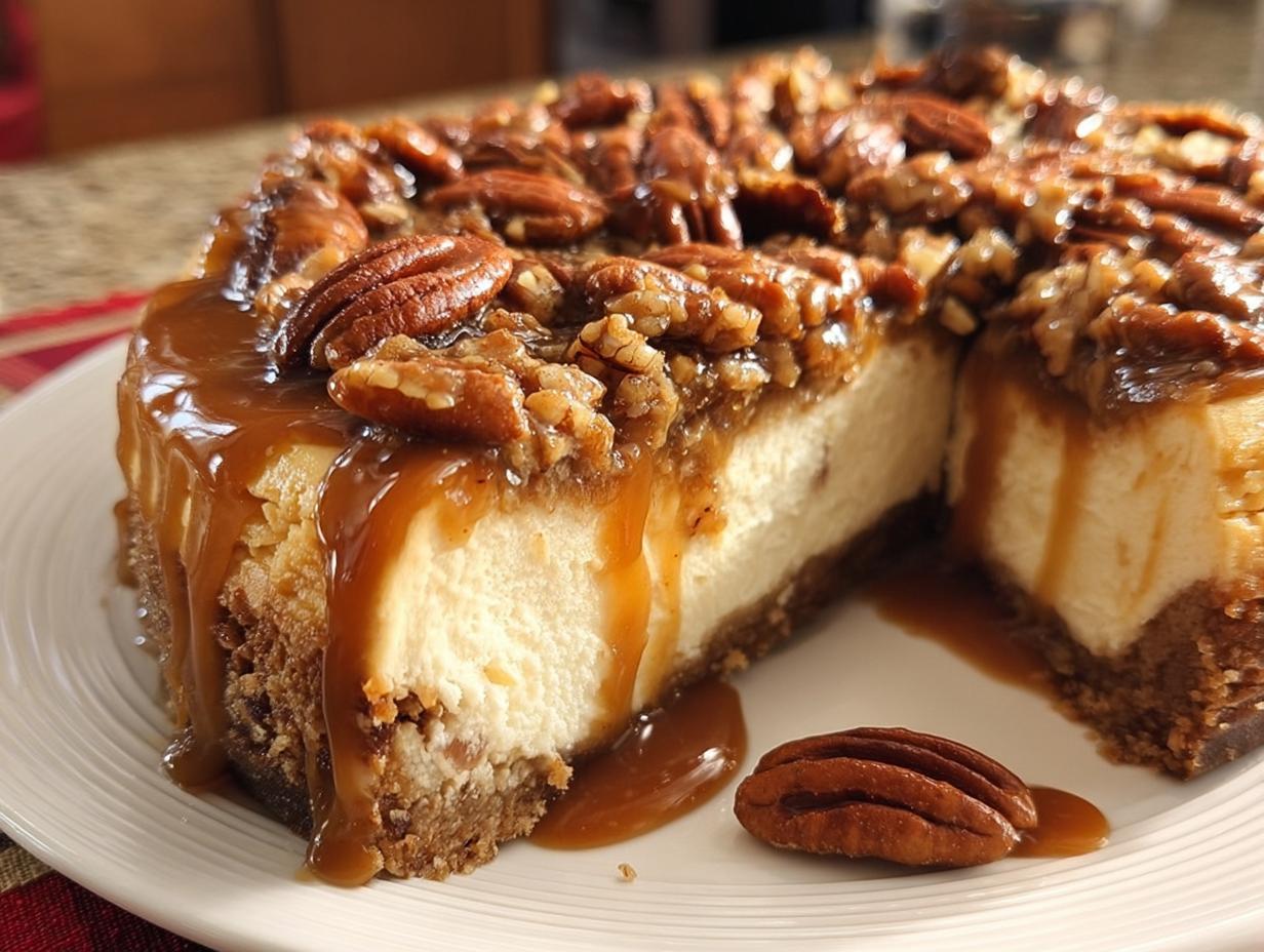 A slice cut from a rich Salted Caramel Pecan Cheesecake, drizzled with caramel sauce and topped with pecans.