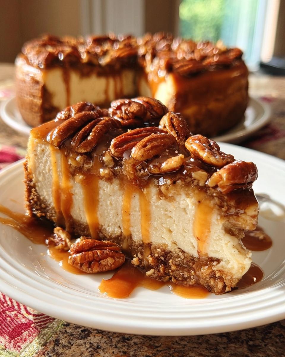 A decadent slice of Salted Caramel Pecan Cheesecake topped with pecans and dripping caramel sauce.