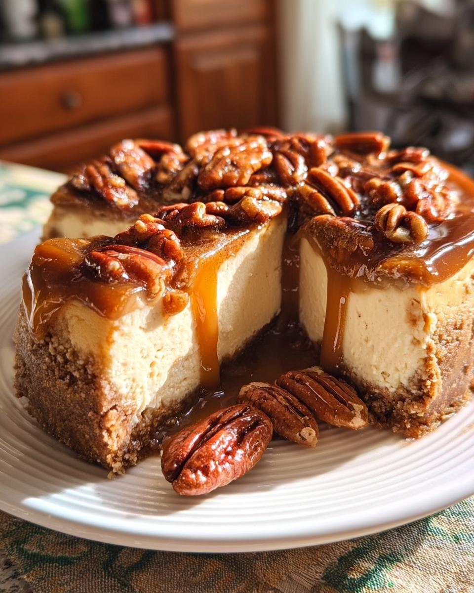 Close-up of a slice cut from a Salted Caramel Pecan Cheesecake, drizzled with caramel and topped with pecans.